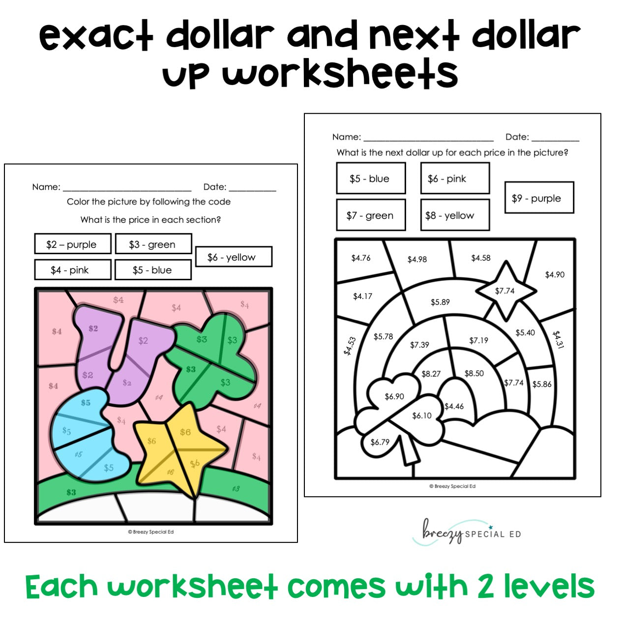 St. Patrick's Day Money Identification and Next Dollar Up Life Skill Math Color by Code