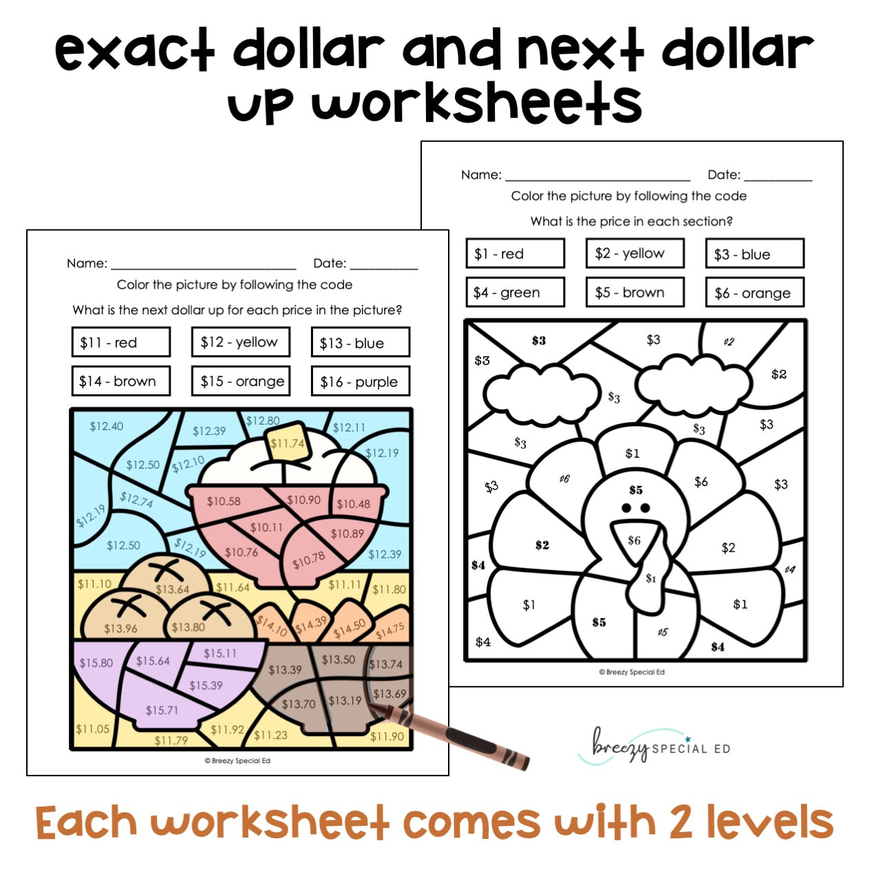 Thanksgiving Money Identification and Next Dollar Up Math Color by Code