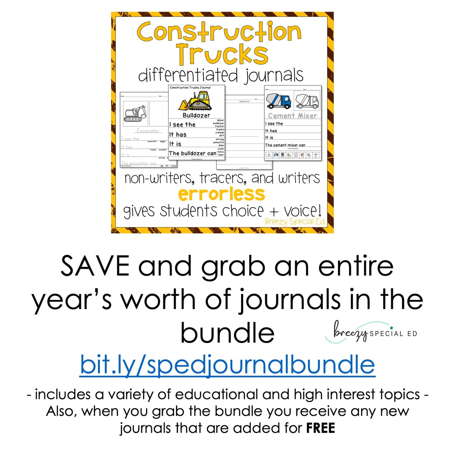 Promotional graphic for construction-themed differentiated journals with a call to action to save and bundle.