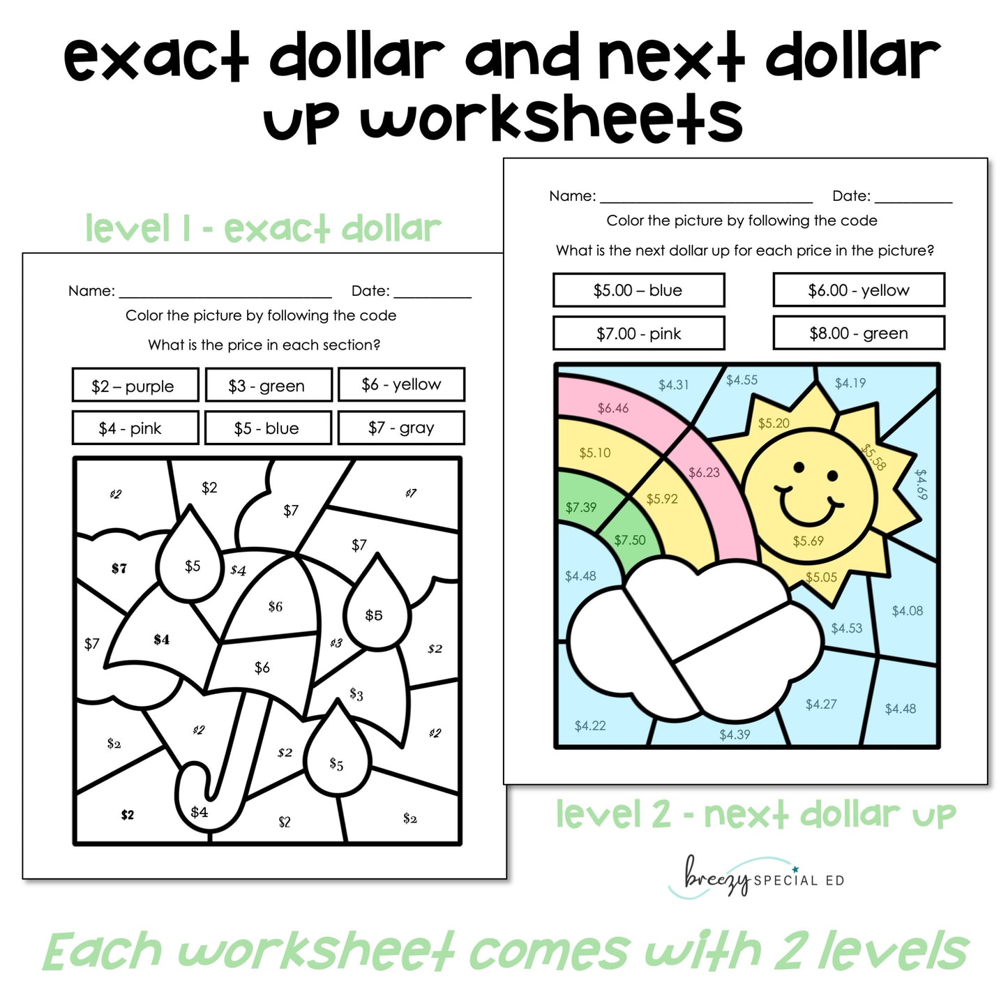 Spring Money Identification and Next Dollar Up Life Skill Math Color by Code