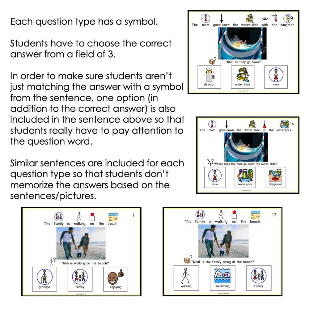 WH Question Visual Task Card Bundle symbol reading comprehension for special ed