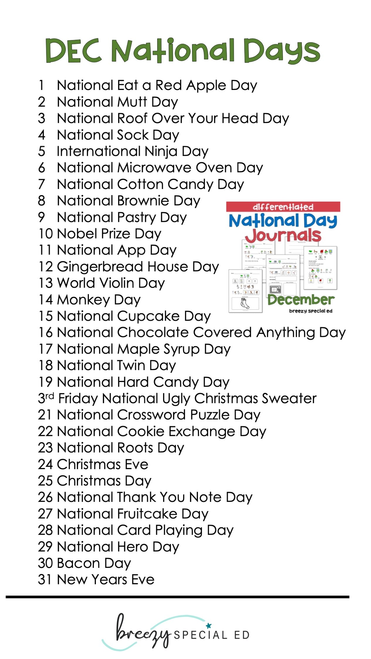 National Days December Differentiated Journals for special education