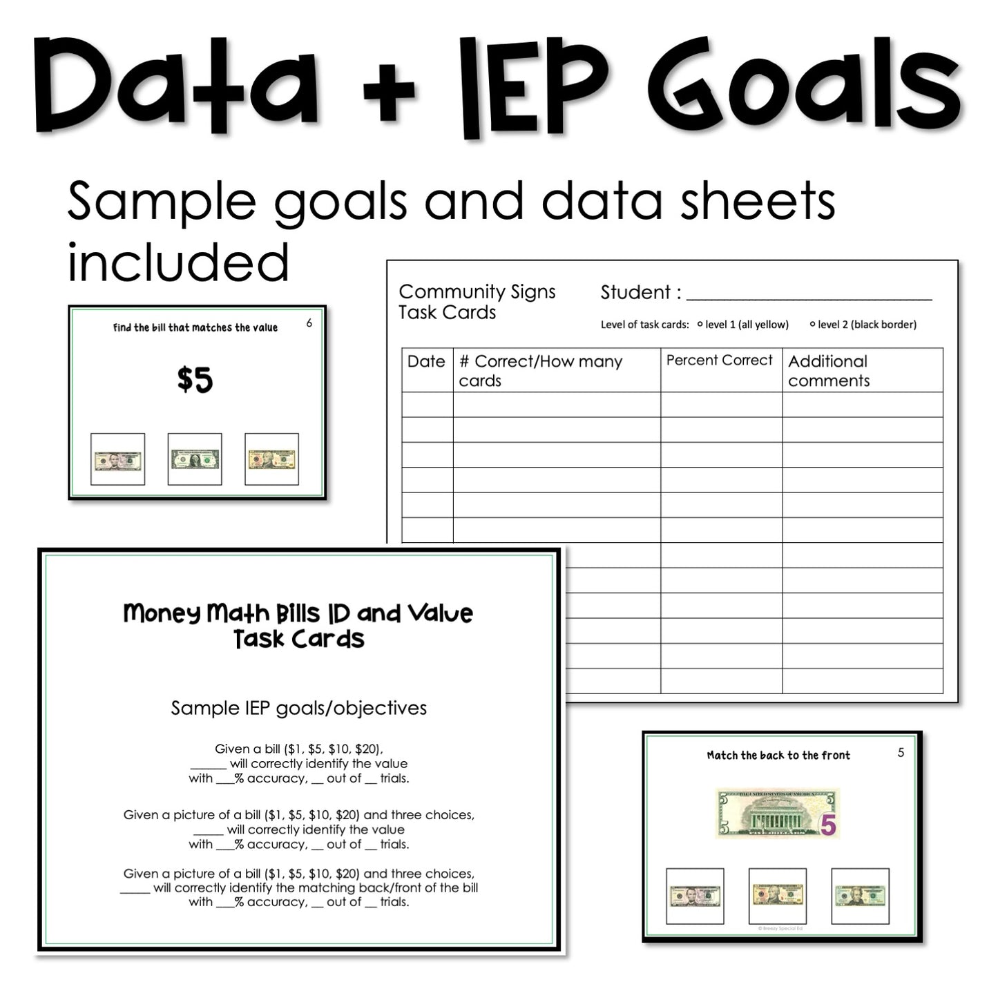 Dollar Bill Identification and Value Task Cards for autism and special education