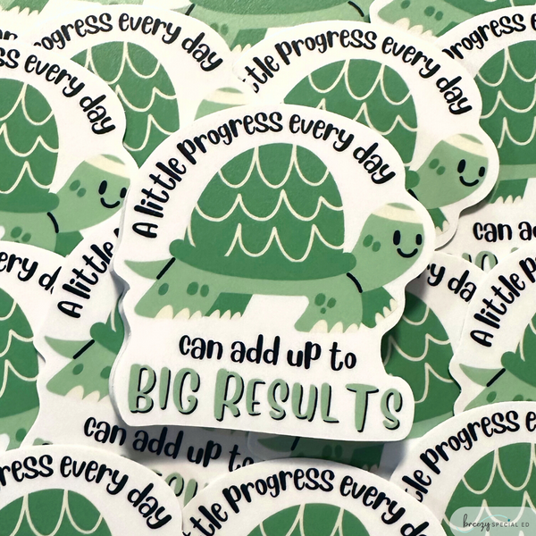 Turtle special education sticker that says a little progress every day can add up to big results