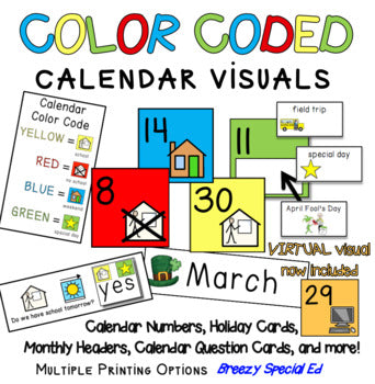 Visual Color Coded Calendar Numbers and Visuals for Special Education