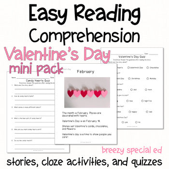 Valentine's Day Mini Pack - Easy Reading Comprehension for Special Education