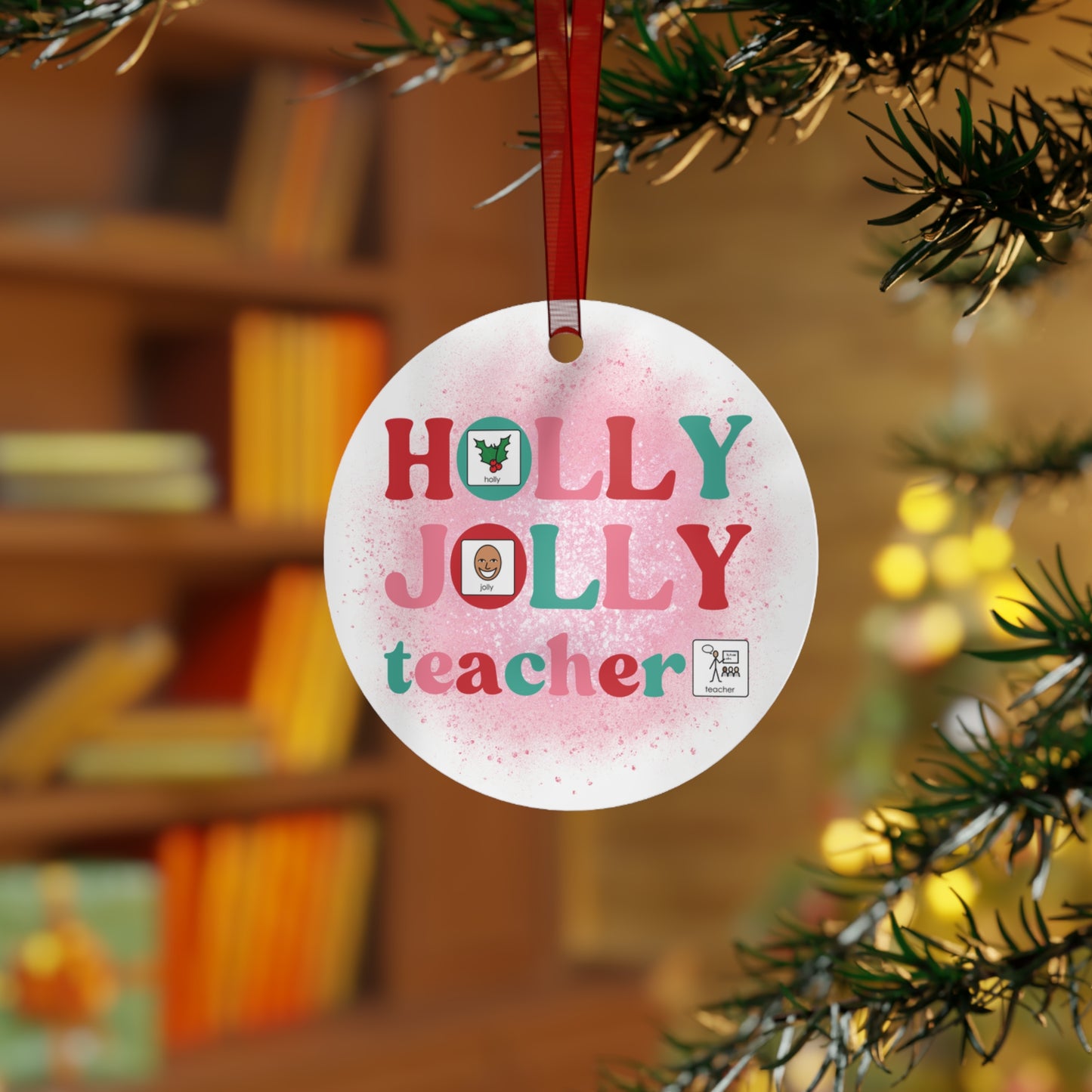 PERSONALIZED Holly Jolly Teacher Symbol Supported Metal Ornament