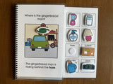 Special education adapted book with a game where the gingerbread man is hidden behind a hose