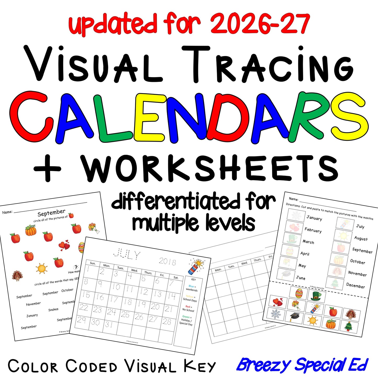 Visual Color Coded Calendars and Calendar Worksheets for Special Education