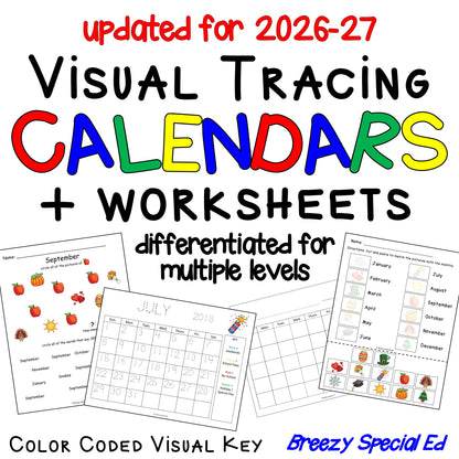 Visual Color Coded Calendars and Calendar Worksheets for Special Education