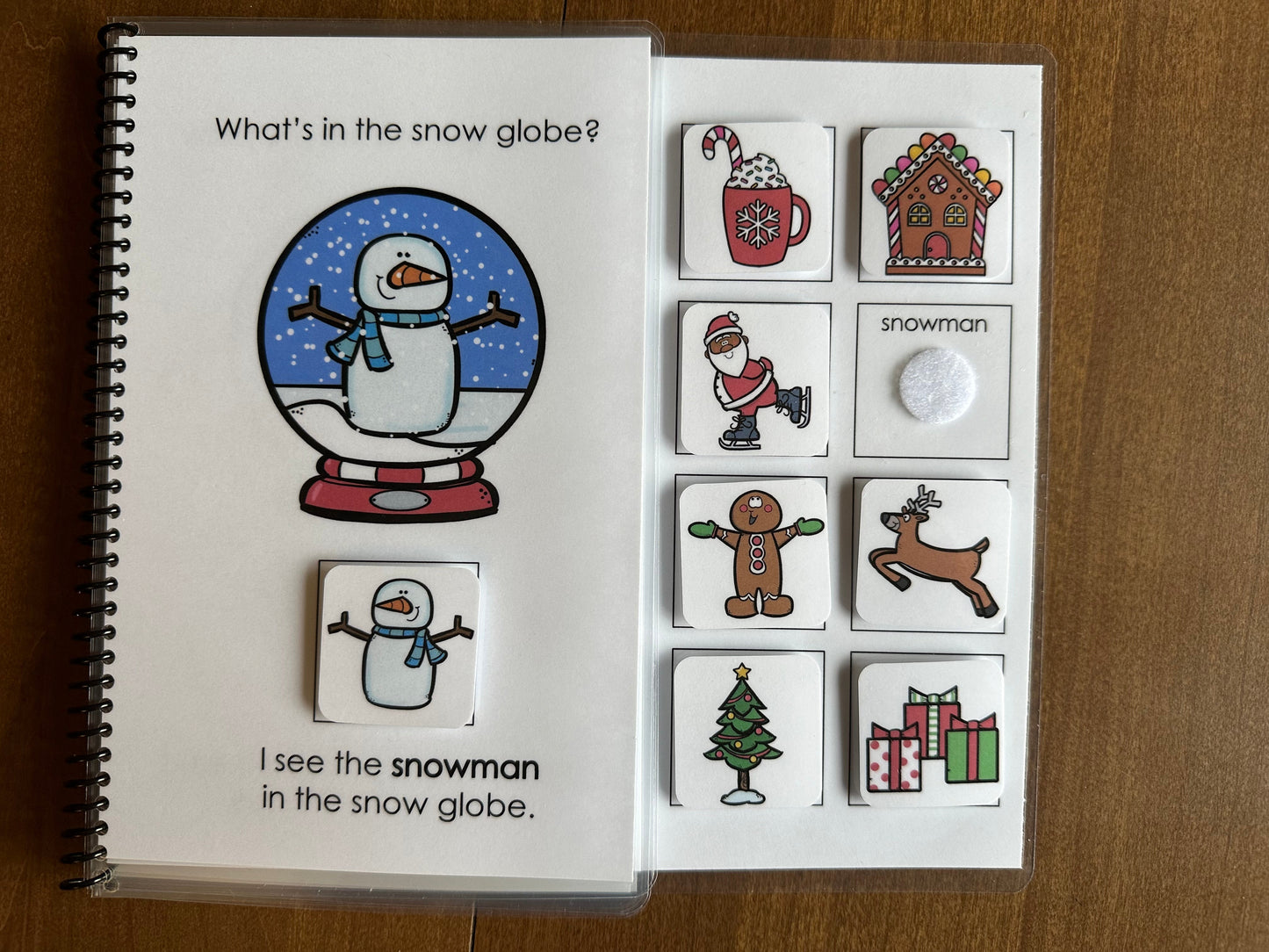 Special Education adapted interactive book with snow globe illustration and matching stickers 