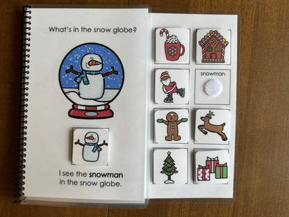 Special Education adapted interactive book with snow globe illustration and matching stickers 