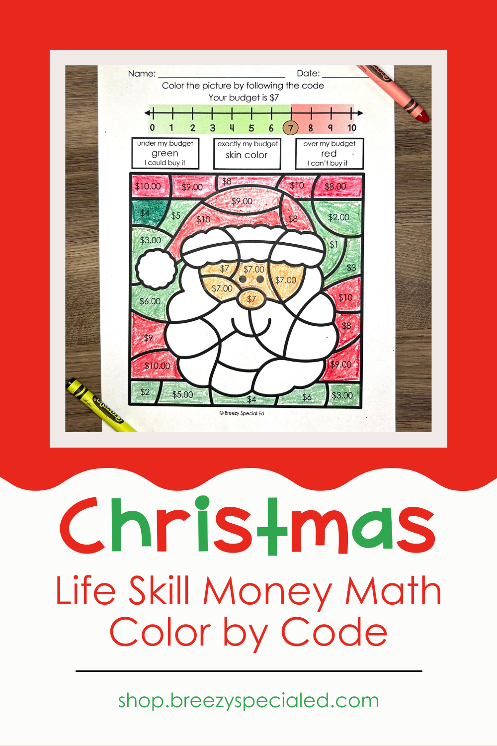 Money math budgeting worksheet for special education with a picture of Santa to color in, students use a number line to see if they can buy each item given their budget