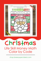Money math budgeting worksheet for special education with a picture of Santa to color in, students use a number line to see if they can buy each item given their budget