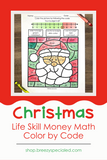 Money math budgeting worksheet for special education with a picture of Santa to color in, students use a number line to see if they can buy each item given their budget