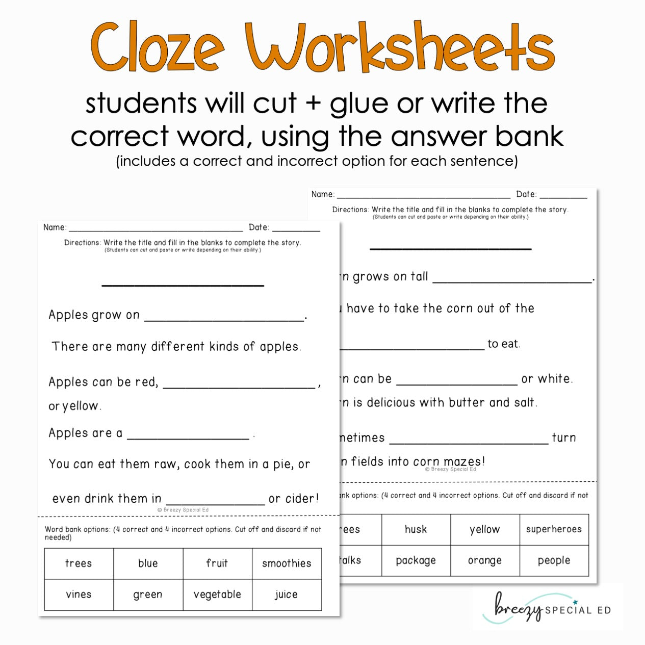 Fall and Thanksgiving - Easy Reading Comprehension for Special Education