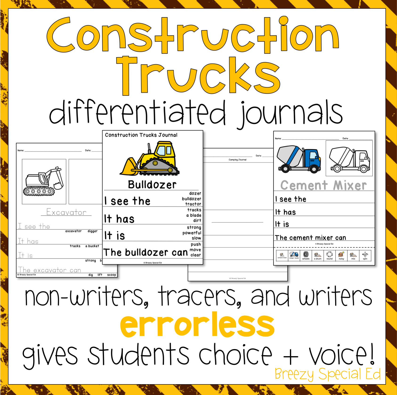 Construction trucks differentiated journals with examples of pages for bulldozer and cement mixer for special education
