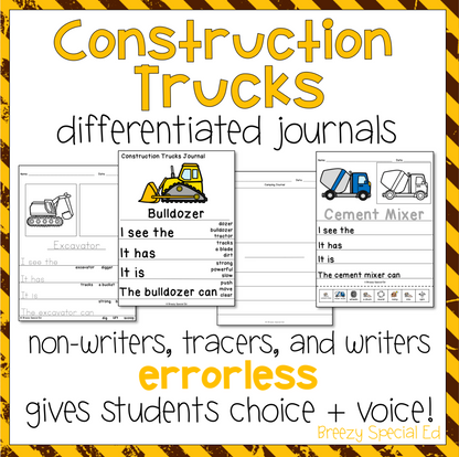 Construction trucks differentiated journals with examples of pages for bulldozer and cement mixer for special education