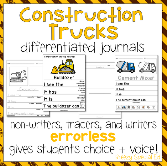 Construction trucks differentiated journals with examples of pages for bulldozer and cement mixer for special education