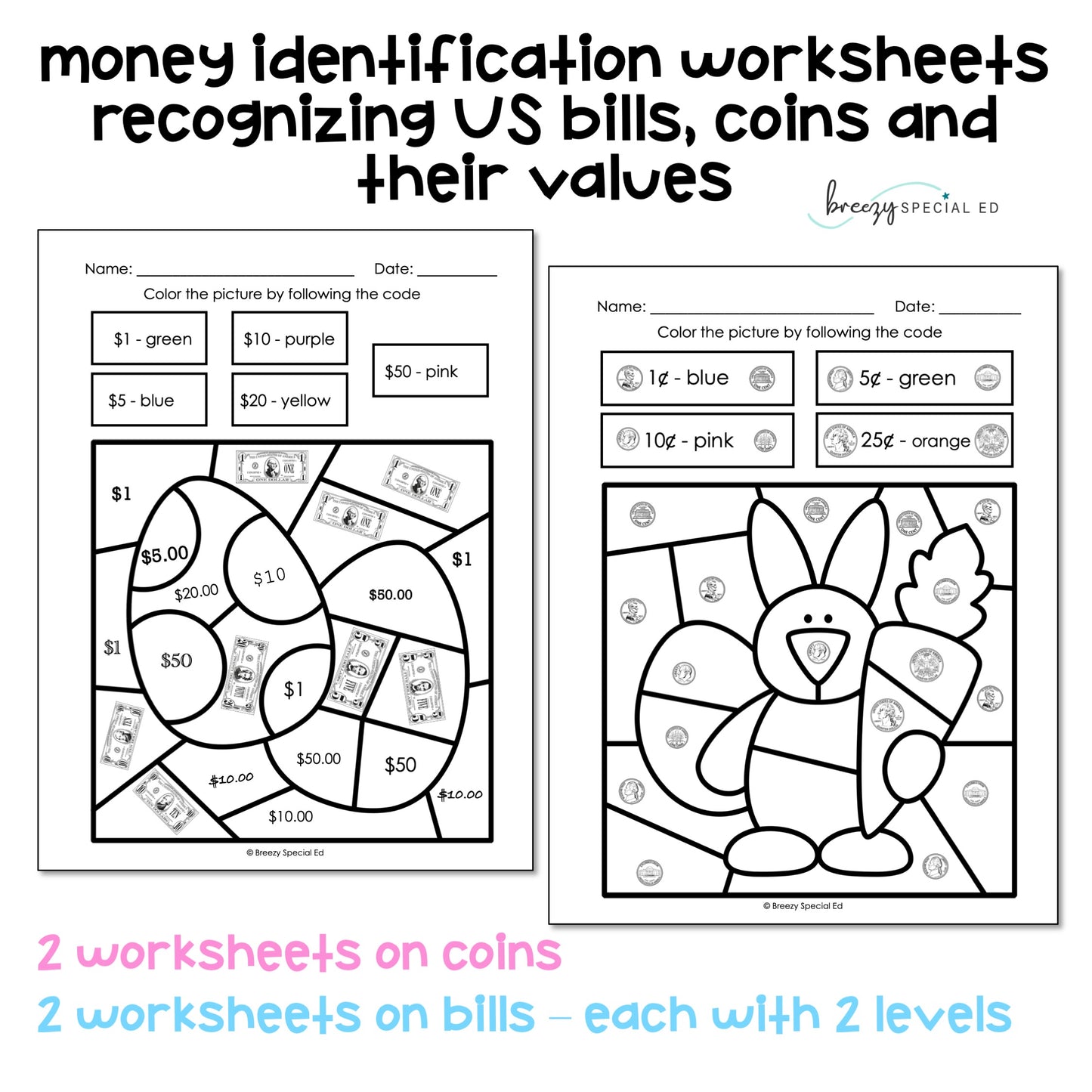 Easter Money Identification and Next Dollar Up Life Skill Math Color by Code
