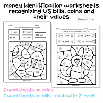 Easter Money Identification and Next Dollar Up Life Skill Math Color by Code
