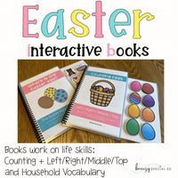 Cover image of an interactive Easter themed book for special education, showing the book titled 'Counting Eggs' and 'Where is the Easter Egg?' with colorful eggs and illustrations.