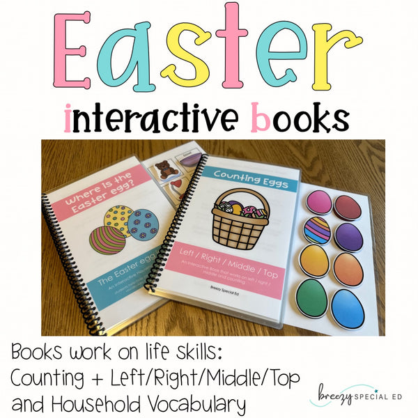 Cover image of an interactive Easter themed book for special education, showing the book titled 'Counting Eggs' and 'Where is the Easter Egg?' with colorful eggs and illustrations.