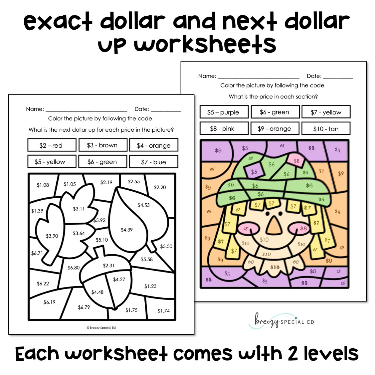 Fall Money Identification and Next Dollar Up Life Skill Math Color by Code