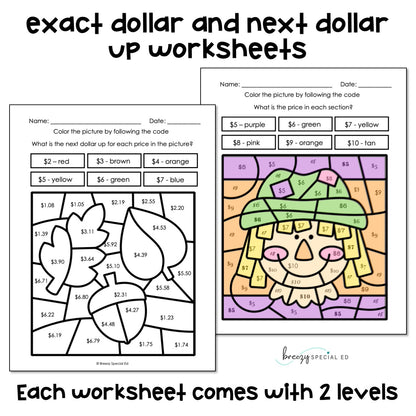 Fall Money Identification and Next Dollar Up Life Skill Math Color by Code