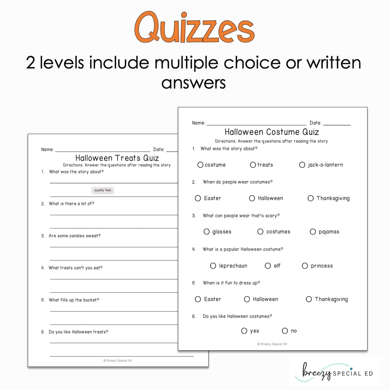 Halloween - Easy Reading Comprehension for Special Education