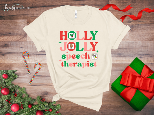 Holly Jolly Speech Therapist with symbols | SLP Christmas Tee | AAC | Speech Pathologist Tshirt