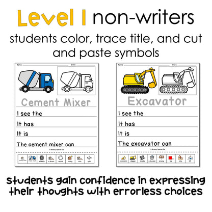 Special education worksheets for Level I non-writers with cement mixer and excavator images.