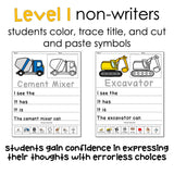 Special education worksheets for Level I non-writers with cement mixer and excavator images.