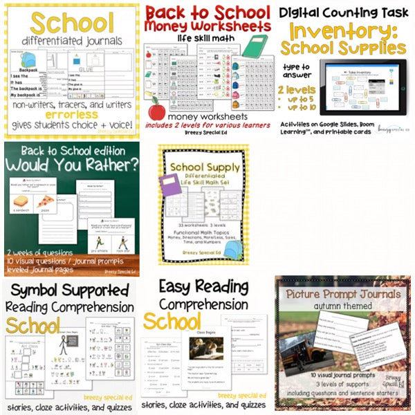 Collection of special education materials and worksheets for back to school theme.