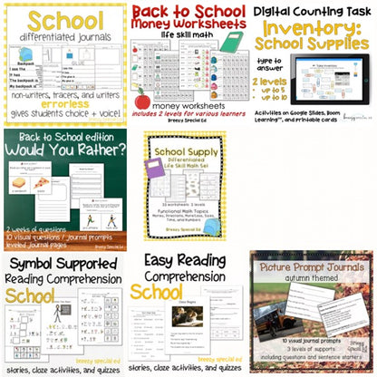 Collection of special education materials and worksheets for back to school theme.