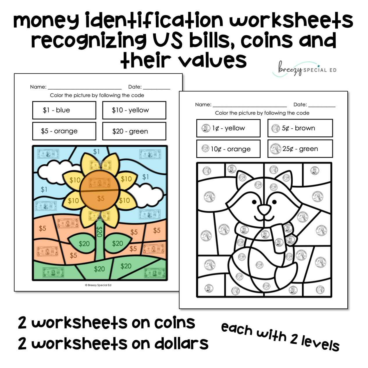 Fall Money Identification and Next Dollar Up Life Skill Math Color by Code