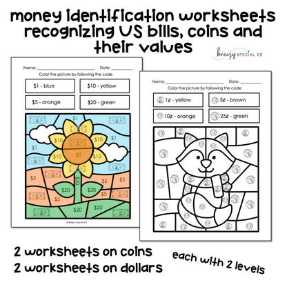 Fall Money Identification and Next Dollar Up Life Skill Math Color by Code