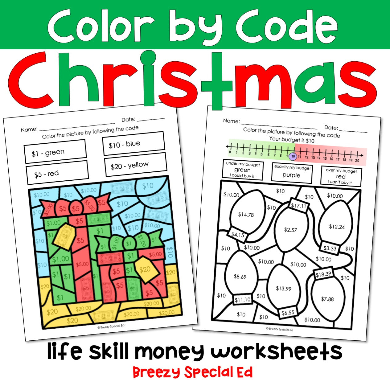 Christmas Money Identification and Next Dollar Up Life Skill Math Color by Code