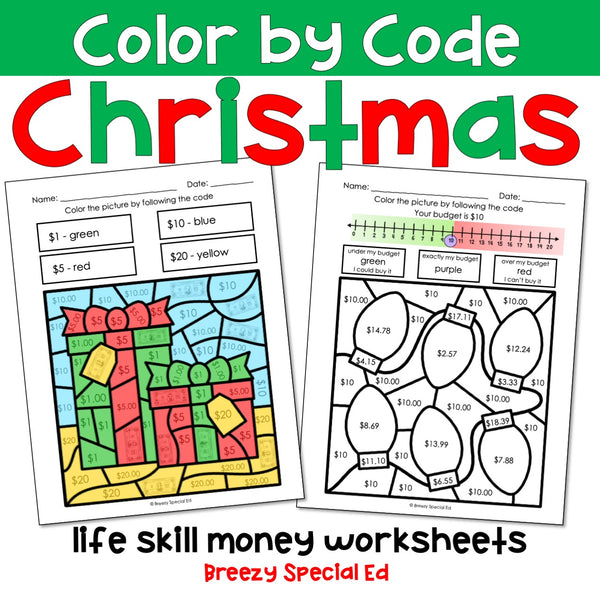 Christmas Money Identification and Next Dollar Up Life Skill Math Color by Code