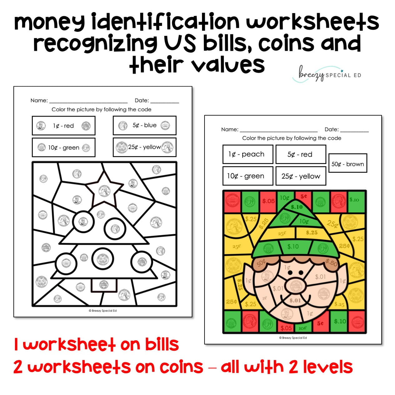 Christmas Money Identification and Next Dollar Up Life Skill Math Color by Code