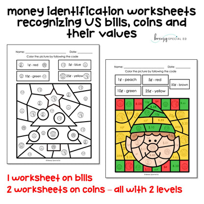 Christmas Money Identification and Next Dollar Up Life Skill Math Color by Code
