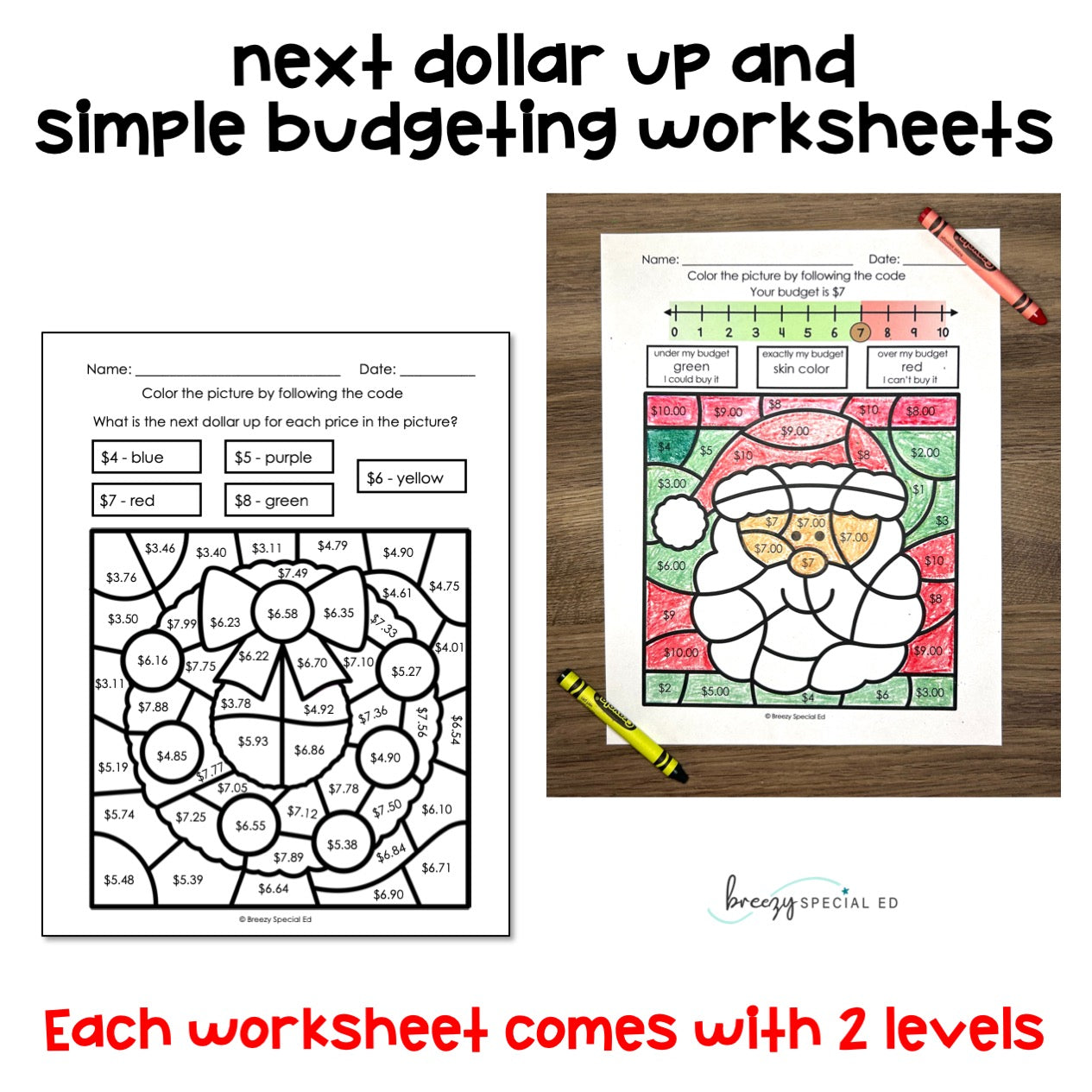 Christmas Money Identification and Next Dollar Up Life Skill Math Color by Code