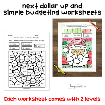 Christmas Money Identification and Next Dollar Up Life Skill Math Color by Code