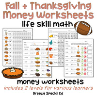 Fall and Thanksgiving Life Skill Money Math + Budget Worksheets for Special Ed