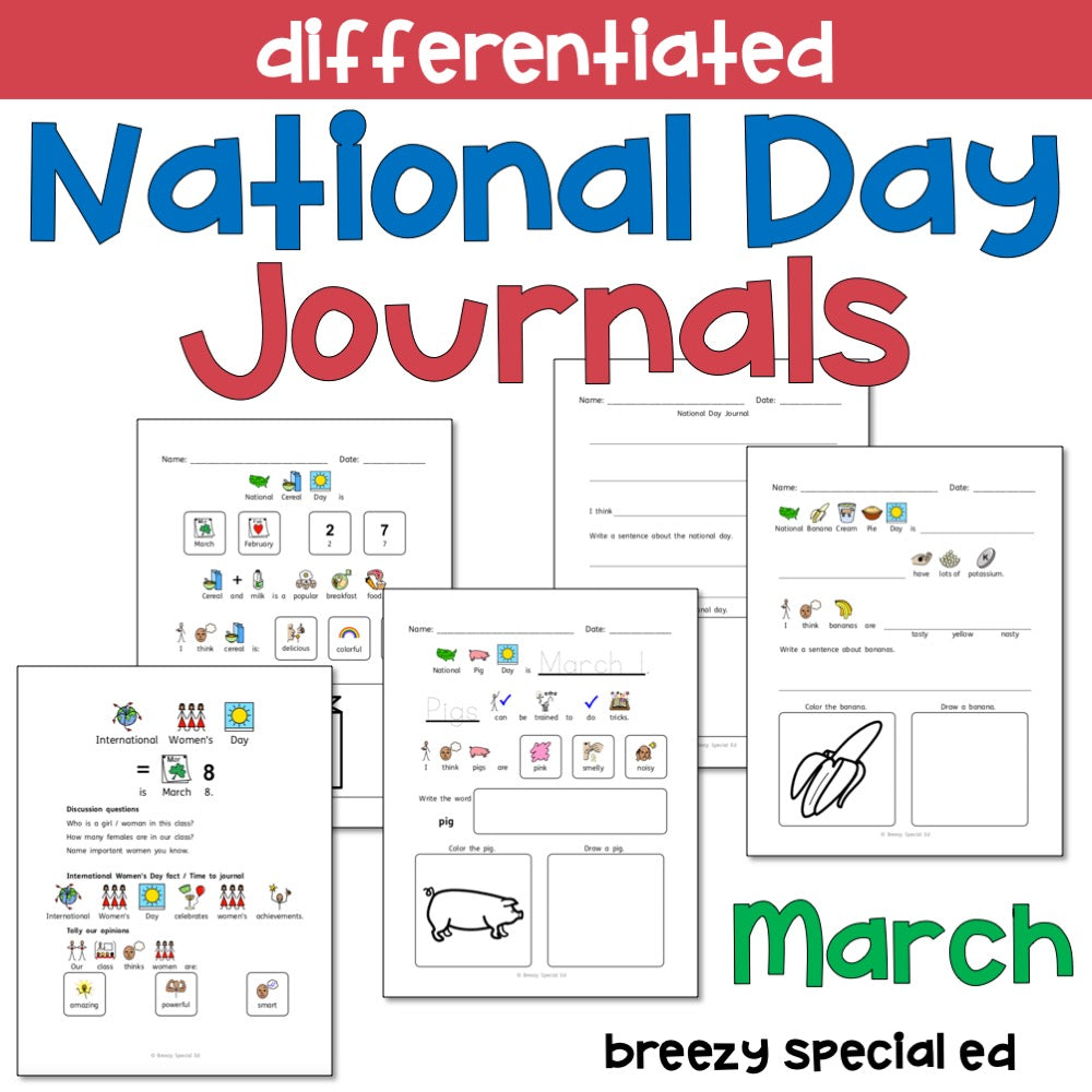 National Days March Differentiated Journals for special education