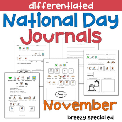 National Days November Differentiated Journals for special education