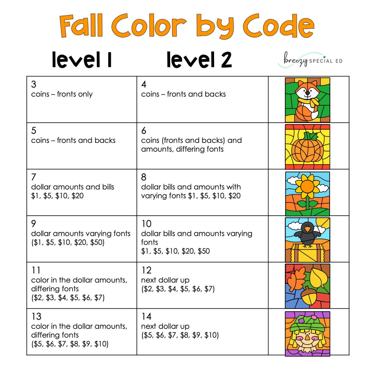 Fall Money Identification and Next Dollar Up Life Skill Math Color by Code