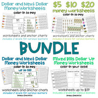 Next Dollar Up BUNDLE Color in Money Math Worksheets for Special Education