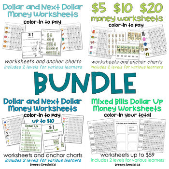 Next Dollar Up BUNDLE Color in Money Math Worksheets for Special Education