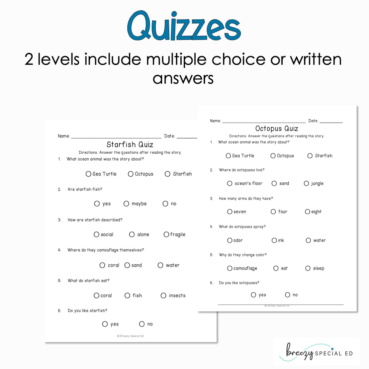 Ocean Animals - Easy Reading Comprehension for Special Education
